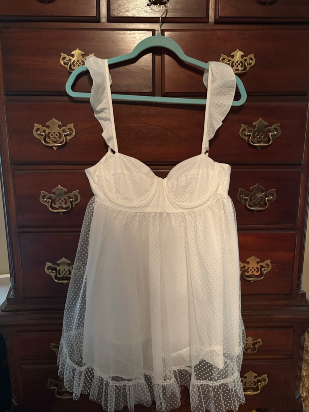 White Sheer Mini Dress with Dotted Mesh and Ruffle Hem